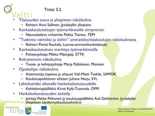 Tiistai 3.2. Tilaisuuden avaus ja yliopiston näkökulma Rehtori Aino Sallinen, Jyväskylän yliopisto Korkeakoulutettujen työmarkkinoille siirtyminen Neuvotteleva virkamies Pekka Tiainen, TEM ” Tutkinto valmiiksi ja töihin” ammattikorkeakoulujen näkökulmasta Rehtori Pentti Rauhala, Laurea-ammattikorkeakoulu Korkeakoulutuksen merkitys työmarkkinoilla Puheenjohtaja Mikko Mäenpää, STTK Rekrytoinnin näkökulma Tuote- ja kehitysjohtaja Marja Pylkkänen, Monster Opiskelijan näkökulma Asiantuntija (opetus ja ohjaus) Veli-Matti Taskila, SAMOK  Koulutuspoliittinen sihteeri Juhana Harju, SYL Lähtökohdat alkavalle hankekokonaisuudelle Kehittämispäällikkö Kirsti Kylä-Tuomola, OPM Hankekokonaisuuden esittely Johtaja Pekka Peltonen ja koulutuspäällikkö Auli Dahlström, Jyväskylän yliopiston täydennyskoulutuskeskus 