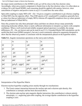 Part 2 of Phil Reiger's chapter on Electron Spin Resonance. 
the major metal contribution to the SOMO is dz2, gz will be close to the free electron value. 
Accordingly, when one g-matrix component is found close to the free electron value, it is often taken as 
evidence for a dz2-based SOMO; such reasoning should be applied with caution, however, since 
cancellation of negative and positive terms in eq (5.11) could have the same effect. 
Spin-orbit coupling to empty MO's (E0 – Em < 0) gives a negative contribution to gij whereas coupling 
to filled MO's has the opposite effect. Thus ESR spectra of d1 vanadium(IV) complexes generally have 
g-values less than ge (admixture of empty MO's) whereas d9 copper(II) complexes have g-values greater 
than ge (admixture of filled MO's). 
Since the g-matrix has only three principal values and there are almost always many potentially 
interacting molecular orbitals, there is rarely sufficient information to interpret a g-matrix with complete 
confidence. When a well resolved and reliably assigned optical spectrum is available, the energy 
differences, E0 – Em, are known and can be used in eq (5.11). Extended Hückel MO calculations can be 
useful (but don't trust EHMO energies!), but one is most commonly reduced to arguments designed to 
show that the observed g-matrix is consistent with the interpretation placed on the hyperfine matrix. 
Table 5.1. Angular momentum operations on the real p and d orbitals. 
lx ly lz 
0 –i i 
i 0 –i 
–i i 0 
–i –i 2i 
i –i –2i 
i + i i –i 
–i i – i i 
– i i 0 
Interpretation of the Hyperfine Matrix 
Electron-nuclear hyperfine coupling arises mainly through two mechanisms: 
The Fermi contact interaction between the nuclear spin and s-electron spin density; this 
contribution is isotropic and has been discussed above. 
1. 
The electron spin-nuclear spin magnetic dipolar interaction; this contribution is almost entirely 
anisotropic, i.e., neglecting spin-orbit coupling, the average dipolar contribution to the hyperfine 
coupling is zero. 
2. 
http://www.chm.bris.ac.uk/emr/Phil/Phil_2/p_2.html (14 of 36) [10/2/2002 2:54:55 PM] 
 