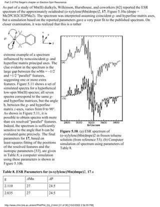 Part 2 of Phil Reiger's chapter on Electron Spin Resonance. 
As part of a study of Mn(II) dialkyls, Wilkinson, Hursthouse, and coworkers [62] reported the ESR 
spectrum of the approximately octahedral (o-xylylene)Mn(dmpe)2, 17, Figure 5.10a (dmpe = 
Me2PCH2CH2PMe2). The spectrum was interpreted assuming coincident g- and hyperfine matrix axes, 
but a simulation based on the reported parameters gave a very poor fit to the published spectrum. On 
closer examination, it was realized that this is a rather 
extreme example of a spectrum 
influenced by noncoincident g- and 
hyperfine matrix principal axes. The 
clue evident in the spectrum is the 
large gap between the mMn = –1/2 
and +1/2 "parallel" features, 
suggesting one or more extra 
features. Figure 5.11 shows a set of 
simulated spectra for a hypothetical 
low-spin Mn(II) species; all seven 
spectra correspond to the same g-and 
hyperfine matrices, but the angle 
b, between the g- and hyperfine 
matrix z-axes, varies from 0 to 90°. 
As shown in Figure 5.11, it is 
possible to obtain spectra with more 
than six resolved "parallel" features. 
Indeed, the spectrum is sufficiently 
sensitive to the angle that b can be 
evaluated quite precisely. The final 
parameters for 17, based on 
least-squares fitting of the positions 
of the resolved features and the 
isotropic parameters [53], are given 
in Table 8; a computer simulation 
using these parameters is shown in 
Figure 5.10b. 
Figure 5.10. (a) ESR spectrum of 
(o-xylylene)Mn(dmpe)2 in frozen toluene 
solution (from reference 53); (b) Computer 
simulation of spectrum using parameters of 
Table 8. 
Table 8. ESR Parameters for (o-xylylene)Mn(dmpe)2, 17.a 
g AMn AP 
2.110 27 24.5 
2.035 27 24.5 
http://www.chm.bris.ac.uk/emr/Phil/Phil_2/p_2.html (31 of 36) [10/2/2002 2:54:55 PM] 
 