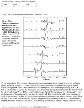 Part 2 of Phil Reiger's chapter on Electron Spin Resonance. 
2.000 125 24.5 
a Hyperfine matrix components in units of 10-4 cm-1; b = 41°. 
Figure 5.11. 
Computer-simulated 
ESR spectra for a 
hypothetical low-spin 
Mn(II) radical with g = 
(2.100, 2.050, 2.000), 
AMn = (150, 25, 25) ¥ 
10–4 cm–1, for various 
values of b, the Euler 
angle between the 
g-matrix and hyperfine 
matrix z-axes. 
17 has approximate C2v symmetry, but the ethylene bridges of the dmpe ligands destroy the reflection 
planes; the x-ray structure [53] shows a small fold at the methylene groups of the o-xylylene ligand 
which destroys the C2 axis. Thus the molecule can be regarded, with increasing accuracy, as C2v, Cs, 
C2, or C1. In order to explain the matrix axis noncoincidence, the metal contribution to the SOMO must 
be a d-hybrid. Since 17 is a d5 low-spin Mn(II) species, the SOMO is expected to be dominated by one 
of the orbitals of the octahedral t2g set–dxz, dyz, or dx2-y2. This is consistent with a clue contained in 
the ESR parameters. The four 31P couplings are apparently equivalent, and all are relatively small. Thus 
no lobe of the SOMO can be directed toward a phosphorus atom, and major dxy or dz2 contributions to 
the SOMO can be ruled out. Consider the twelve binary hybrids based on these orbitals which are listed 
http://www.chm.bris.ac.uk/emr/Phil/Phil_2/p_2.html (32 of 36) [10/2/2002 2:54:55 PM] 
 