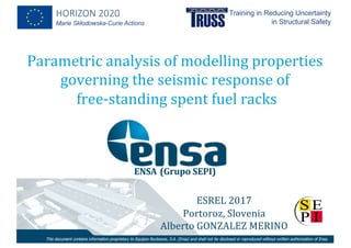 This document contains information proprietary to Equipos Nucleares, S.A. (Ensa) and shall not be disclosed or reproduced without written authorization of Ensa.
ENSA (Grupo	SEPI)
ESREL	2017	
Portoroz,	Slovenia
Alberto	GONZALEZ	MERINO
Parametric	analysis	of	modelling	properties	
governing	the	seismic	response	of
free-standing	spent	fuel	racks
HORIZON	2020
Marie Skłodowska-Curie Actions
Training in Reducing Uncertainty
in Structural Safety
 