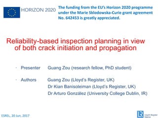 Reliability-based inspection planning in view
of both crack initiation and propagation
· Presenter Guang Zou (research fellow, PhD student)
· Authors Guang Zou (Lloyd’s Register, UK)
Dr Kian Banisoleiman (Lloyd’s Register, UK)
Dr Arturo González (University College Dublin, IR)
The funding from the EU’s Horizon 2020 programme
under the Marie Sklodowska-Curie grant agreement
No. 642453 is greatly appreciated.
ESREL, 20 Jun, 2017
 