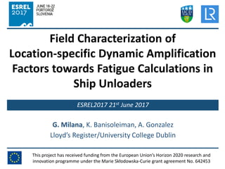 Field Characterization of
Location-specific Dynamic Amplification
Factors towards Fatigue Calculations in
Ship Unloaders
This project has received funding from the European Union’s Horizon 2020 research and
innovation programme under the Marie Skłodowska-Curie grant agreement No. 642453
ESREL2017 21st June 2017
G. Milana, K. Banisoleiman, A. Gonzalez
Lloyd’s Register/University College Dublin
 