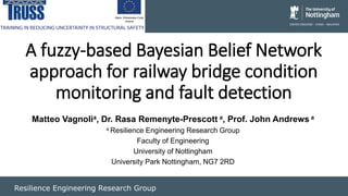 Resilience Engineering Research Group
A fuzzy-based Bayesian Belief Network
approach for railway bridge condition
monitoring and fault detection
Matteo Vagnolia, Dr. Rasa Remenyte-Prescott a, Prof. John Andrews a
a Resilience Engineering Research Group
Faculty of Engineering
University of Nottingham
University Park Nottingham, NG7 2RD
 