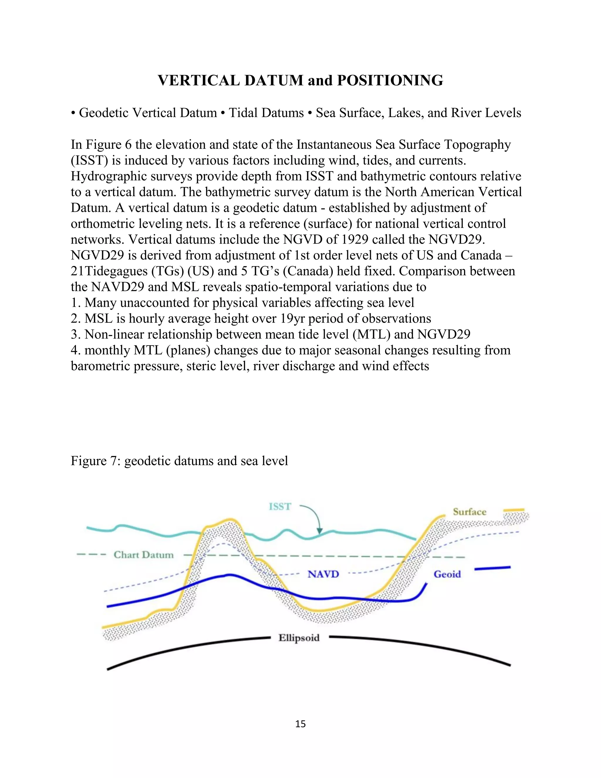 15
VERTICAL DATUM and POSITIONING
• Geodetic Vertical Datum • Tidal Datums • Sea Surface, Lakes, and River Levels
In Figure 6 the elevation and state of the Instantaneous Sea Surface Topography
(ISST) is induced by various factors including wind, tides, and currents.
Hydrographic surveys provide depth from ISST and bathymetric contours relative
to a vertical datum. The bathymetric survey datum is the North American Vertical
Datum. A vertical datum is a geodetic datum - established by adjustment of
orthometric leveling nets. It is a reference (surface) for national vertical control
networks. Vertical datums include the NGVD of 1929 called the NGVD29.
NGVD29 is derived from adjustment of 1st order level nets of US and Canada –
21Tidegagues (TGs) (US) and 5 TG’s (Canada) held fixed. Comparison between
the NAVD29 and MSL reveals spatio-temporal variations due to
1. Many unaccounted for physical variables affecting sea level
2. MSL is hourly average height over 19yr period of observations
3. Non-linear relationship between mean tide level (MTL) and NGVD29
4. monthly MTL (planes) changes due to major seasonal changes resulting from
barometric pressure, steric level, river discharge and wind effects
Figure 7: geodetic datums and sea level
 