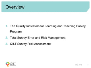 Overview
1. The Quality Indicators for Learning and Teaching Survey
Program
2. Total Survey Error and Risk Management
3. QILT Survey Risk Assessment
ESRA 2015 3
 