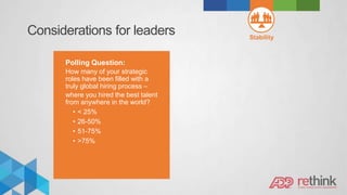 Considerations for leaders
Polling Question:
How many of your strategic
roles have been filled with a
truly global hiring process –
where you hired the best talent
from anywhere in the world?
• < 25%
• 26-50%
• 51-75%
• >75%
Stability
 