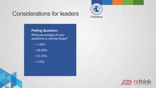 Considerations for leaders
Polling Question:
What percentage of your
workforce is remote today?
• < 25%
• 26-50%
• 51-75%
• >75%
Freedom
 