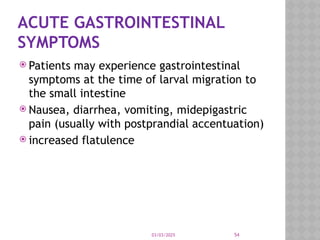 03/03/2025 54
ACUTE GASTROINTESTINAL
SYMPTOMS
 Patients may experience gastrointestinal
symptoms at the time of larval migration to
the small intestine
 Nausea, diarrhea, vomiting, midepigastric
pain (usually with postprandial accentuation)
 increased flatulence
 