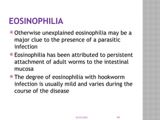 03/03/2025 60
EOSINOPHILIA
 Otherwise unexplained eosinophilia may be a
major clue to the presence of a parasitic
infection
 Eosinophilia has been attributed to persistent
attachment of adult worms to the intestinal
mucosa
 The degree of eosinophilia with hookworm
infection is usually mild and varies during the
course of the disease
 