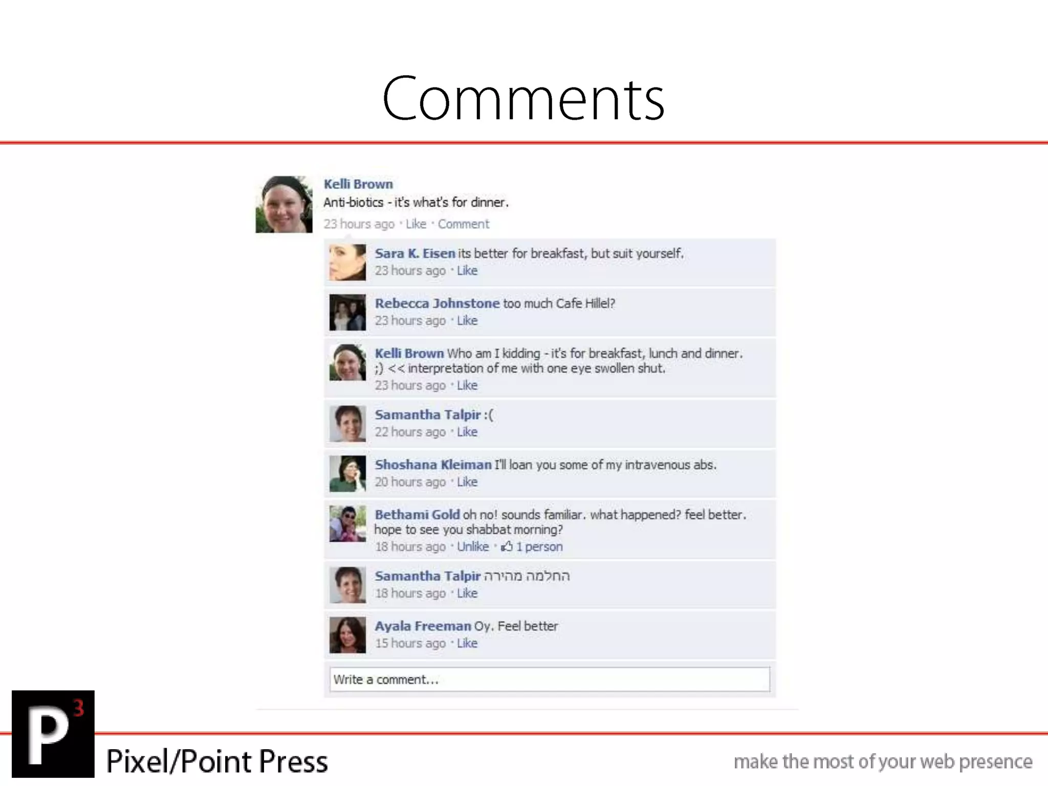 Why use Facebook?To connect: With family, friends, organizations, companies, groups and communitiesTo share: Storytelling, events, photos, videosTo discuss: Comments, feedback, reviews, discussions, polls