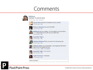 Why use Facebook?To connect: With family, friends, organizations, companies, groups and communitiesTo share: Storytelling, events, photos, videosTo discuss: Comments, feedback, reviews, discussions, polls