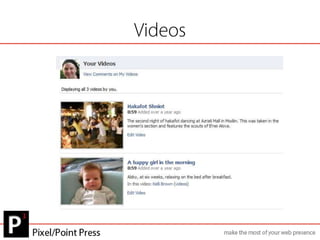 Facebook Page TypesFour types of pages:Profile – for individual peopleGroup – whether commercial or for funFan – Businesses, products, artists, public figuresAnd others – it changes quickly and often
