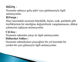 A)Giriş :
Nesnenin sahneye geliş şekli veya görünmesiyle ilgili
animasyonlar.
B)Vurgu :
Slayt üzerindeki nesnenin büyüklük, biçim, renk, parlaklık gibi
özelliklerinin bir süreliğine değiştirilerek vurgulanmasını, dikkat
çekmesini sağlayan animasyonlar.
C)Çıkış :
Nesnenin sahneden çıkışı ile ilgili animasyonlar.
D)Hareket Yolları :
Nesnenin sahnedeyken çizeceğiniz bir yol üzerinde bir
yerden bir yere gitmesiyle ilgili animasyonlar.
 