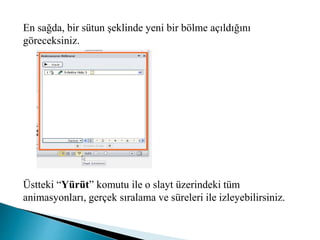 En sağda, bir sütun şeklinde yeni bir bölme açıldığını
göreceksiniz.
Üstteki “Yürüt” komutu ile o slayt üzerindeki tüm
animasyonları, gerçek sıralama ve süreleri ile izleyebilirsiniz.
 