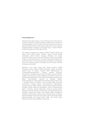 Acknowledgements
Prepared by the Expert Group on non-performing loans of the Advisory
Technical Committee, under the guidance of Stefan Ingves (Governor of
Sveriges Riksbank, the ATC Chair). The Expert Group was chaired by
John Fell (ECB) and Piers Haben (EBA), supported by Tomasz Gromek
(ESRB Secretariat, Secretary of the Expert Group), Tuomas Peltonen
(ESRB Secretariat) and Reiner Martin (ECB).
The Report was prepared by: Maciej Grodzicki, Edward O’Brien and
Dejan Krusec (ECB), Antonio Sánchez, Tomasz Gromek (ESRB
Secretariat), David Forsman (Sveriges Riksbank) and Dragan
Crnogorac (EBA), based on input and feedback provided by the Expert
Group on non-performing loans. The Expert Group also benefited from
useful discussions and comments provided by Members of the General
Board, the Advisory Technical Committee and the Advisory Scientific
Committee of the ESRB.
Members of the Expert Group were: Sampo Alhonsuo (ESRB
Secretariat), Marisa Basten (ESRB Secretariat), Eoghan de Bhulbh
(Central Bank of Ireland), Christian Bothe (Bundesanstalt für
Finanzdienstleistungsaufsicht), Christian Buelens (European
Commission), Giuseppe Cascarino (Banca d’Italia), Roxana Damianov
(ESMA), Virgil Dăscălescu (Banca Naţională a României), Sharon Finn
(ECB Banking Supervision), Anne Fröhling (ECB Banking Supervision),
Miguel Garcia-Bermejo (replaced by Elisabeth Siltberg,
Finansinspektionen), Paweł Gąsiorowski (Narodowy Bank Polski), Clara
I. González (Banco de España), Lucas Gonzalez Ojeda (European
Commission), Andreas Greiner (Oesterreichische Nationalbank),
Alexander Gruber (FMA), Nadege Jassaud (Single Resolution Board),
Charlotte Kimmel (Deutsche Bundesbank), Ioannis Konstantopoulos
(Bank of Greece), Jokubas Markevicius (Lietuvos bankas), Marcin
Mikołajczyk (Komisja Nadzoru Finansowego), Carla Marques (Banco de
Portugal), Andreas Pfeil (EBA), Anita Szekely (EBA), Constantinos
Trikoupis (Central Bank of Cyprus), Elias Veloudos (Bank of Greece),
Bernhard Windisch (European Commission) with Paulo Fioretti (ESM),
Debora Revoltella and Laurent Maurin (EIB), Ines Rocha, Bojan
Markovic and Eric Cloutier (EBRD), as observers.
 
