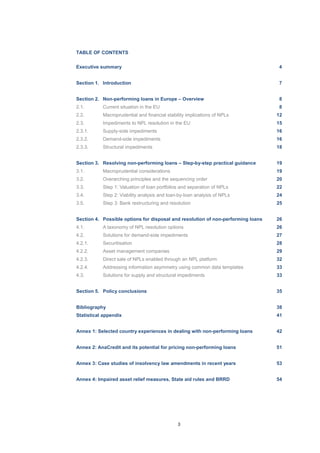 3
TABLE OF CONTENTS
Executive summary 4
Section 1. Introduction 7
Section 2. Non-performing loans in Europe – Overview 8
2.1. Current situation in the EU 8
2.2. Macroprudential and financial stability implications of NPLs 12
2.3. Impediments to NPL resolution in the EU 15
2.3.1. Supply-side impediments 16
2.3.2. Demand-side impediments 16
2.3.3. Structural impediments 18
Section 3. Resolving non-performing loans – Step-by-step practical guidance 19
3.1. Macroprudential considerations 19
3.2. Overarching principles and the sequencing order 20
3.3. Step 1: Valuation of loan portfolios and separation of NPLs 22
3.4. Step 2: Viability analysis and loan-by-loan analysis of NPLs 24
3.5. Step 3: Bank restructuring and resolution 25
Section 4. Possible options for disposal and resolution of non-performing loans 26
4.1. A taxonomy of NPL resolution options 26
4.2. Solutions for demand-side impediments 27
4.2.1. Securitisation 28
4.2.2. Asset management companies 29
4.2.3. Direct sale of NPLs enabled through an NPL platform 32
4.2.4. Addressing information asymmetry using common data templates 33
4.3. Solutions for supply and structural impediments 33
Section 5. Policy conclusions 35
Bibliography 38
Statistical appendix 41
Annex 1: Selected country experiences in dealing with non-performing loans 42
Annex 2: AnaCredit and its potential for pricing non-performing loans 51
Annex 3: Case studies of insolvency law amendments in recent years 53
Annex 4: Impaired asset relief measures, State aid rules and BRRD 54
 