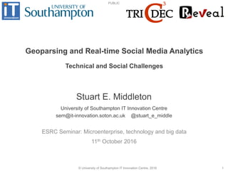 PUBLIC
© University of Southampton IT Innovation Centre, 2016 1
Geoparsing and Real-time Social Media Analytics
11th October 2016
Stuart E. Middleton
University of Southampton IT Innovation Centre
sem@it-innovation.soton.ac.uk @stuart_e_middle
Technical and Social Challenges
ESRC Seminar: Microenterprise, technology and big data
 