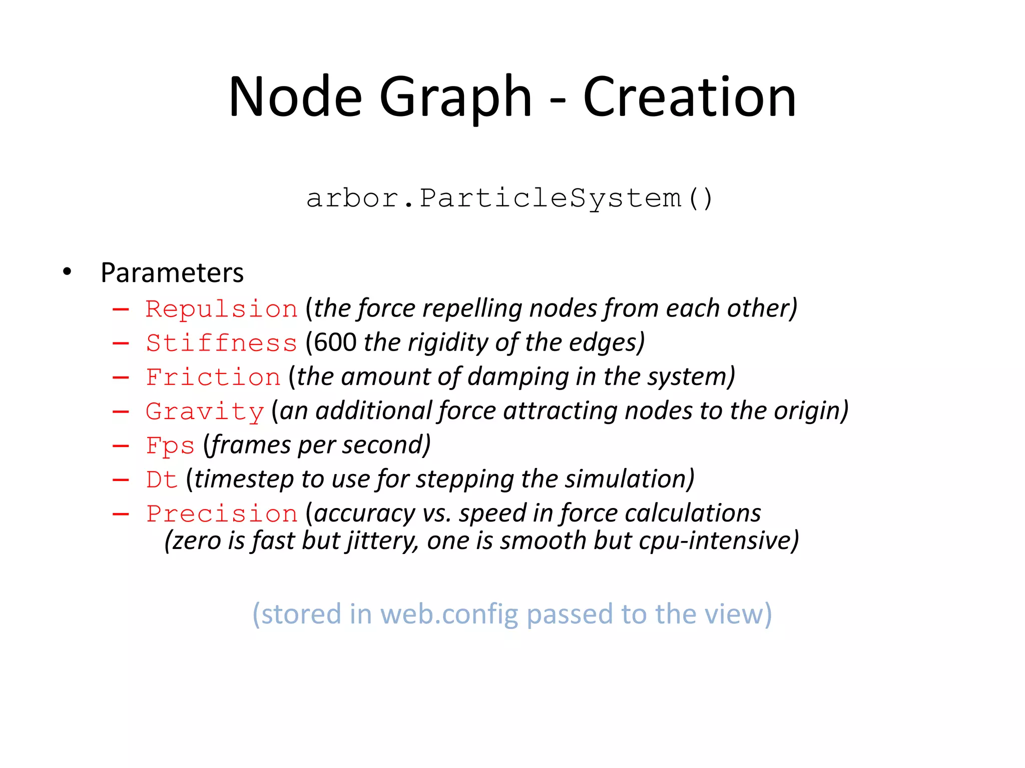 Node Graph - Creation
                    arbor.ParticleSystem()

• Parameters
   –   Repulsion (the force repelling nodes from each other)
   –   Stiffness (600 the rigidity of the edges)
   –   Friction (the amount of damping in the system)
   –   Gravity (an additional force attracting nodes to the origin)
   –   Fps (frames per second)
   –   Dt (timestep to use for stepping the simulation)
   –   Precision (accuracy vs. speed in force calculations
        (zero is fast but jittery, one is smooth but cpu-intensive)

                (stored in web.config passed to the view)
 