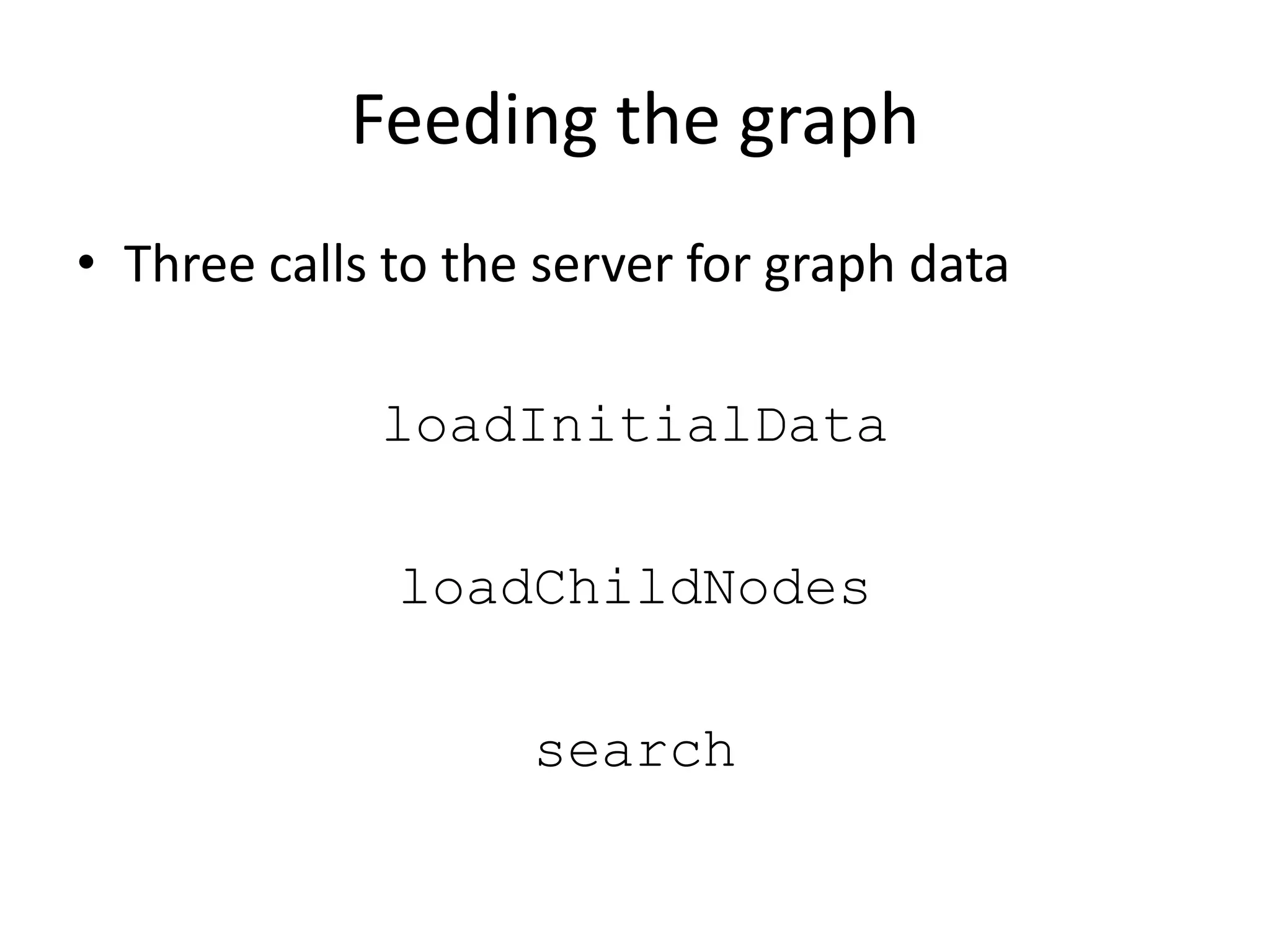 Feeding the graph
• Three calls to the server for graph data

             loadInitialData

              loadChildNodes

                    search
 