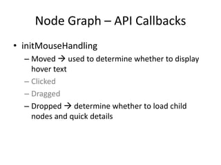 Node Graph – API Callbacks
• initMouseHandling
  – Moved  used to determine whether to display
    hover text
  – Clicked
  – Dragged
  – Dropped  determine whether to load child
    nodes and quick details
 