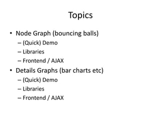 Topics
• Node Graph (bouncing balls)
  – (Quick) Demo
  – Libraries
  – Frontend / AJAX
• Details Graphs (bar charts etc)
  – (Quick) Demo
  – Libraries
  – Frontend / AJAX
 