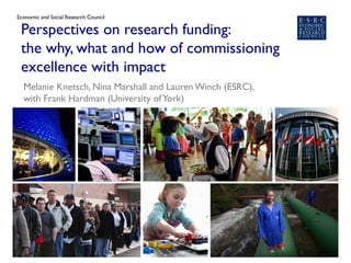 Perspectives on research funding:
the why, what and how of commissioning
excellence with impact
Melanie Knetsch, Nina Marshall and Lauren Winch (ESRC),
with Frank Hardman (University ofYork)
 