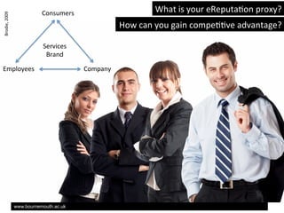 What	
 ?is	
 ?your	
 ?eReputaAon	
 ?proxy?	
 ?

Brodie,	
 ?2009	
 ?

Consumers	
 ?

How	
 ?can	
 ?you	
 ?gain	
 ?compeAAve	
 ?advantage?	
 ?	
 ?
Services	
 ?	
 ?
Brand	
 ?

Employees	
 ?

www.bournemouth.ac.uk

Company	
 ?

 