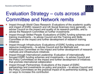 Evaluation Strategy – cuts across all
Committee and Network remits
▶ Impact through World Class Research: Evaluations of the academic quality
  and impact of ESRC research and UK Social Sciences more generally – to
  advise Council on the impact and quality of its research portfolio, and to
  advise the Research Committee on further investments
▶ Impact through Skilled People: Evaluations of ESRC funding schemes and
  training investments – to advise Council and the Training and Skills
  Committee on the impact and further development of research training
  initiatives
▶ Impact through Infrastructure: Evaluations of ESRC funding schemes and
  resource investments – to advise Council and the Methods and
  Infrastructure Committee on the impact and further development of research
  methods and infrastructure initiatives
▶ Impact through International Leadership: Evaluation of internationally
  focused ESRC funding schemes and investments – to advise Council and
  the Policy Committees on the impact and further development of initiatives
  that promote international collaboration
▶ Impact through Partnerships: Evaluations of the impact of ESRC
  partnerships and investments on policy and practice – to advise Council and
  the Policy Committees on the practical impact of its partnership building, and
  on ways to increase this contribution
 