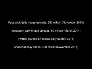 Facebook daily image uploads: 350 million (November 2013)
Instagram daily image uploads: 60 million (March 2014)
Twitter: 500 million tweets daily (March 2014)
Snapchat daily snaps: 400 million (November 2013)
 