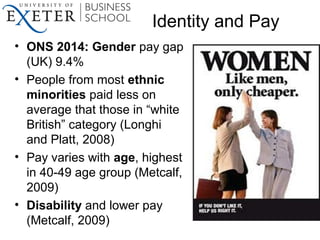 Identity and Pay
• ONS 2014: Gender pay gap
(UK) 9.4%
• People from most ethnic
minorities paid less on
average that those...