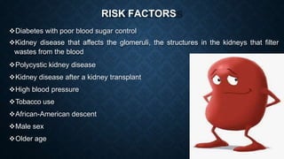 RISK FACTORS
Diabetes with poor blood sugar control
Kidney disease that affects the glomeruli, the structures in the kidneys that filter
wastes from the blood
Polycystic kidney disease
Kidney disease after a kidney transplant
High blood pressure
Tobacco use
African-American descent
Male sex
Older age
 
