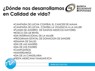 ¿Dónde nos desarrollamos
en Calidad de vida?
CAMPAÑA DE LUCHA CONTRAL EL CANCER DE MAMA
CAMPAÑA DE LUCHA CONTRA LA VIOLENCIA A LA MUJER
PLANES DE AHORRO DE GASTOS MEDICOS MAYORES
ROSCA DÍA DE REYES
DIA INTERNACIONAL DE LA MUJER
PROGRAMA ESTATAL DE DONACION DE SANGRE
SEMANA DE SALUD
DIA DE LAS MADRES
DIA DE LOS PADRES
CUMPLEAÑOS
ANIVERSARIOS
DIA DE LA CANDELARIA
FIESTA MEXICANA FAMILIAR ECN
 