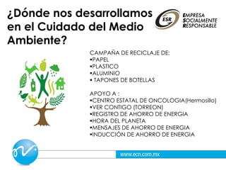 ¿Dónde nos desarrollamos
en el Cuidado del Medio
Ambiente?
CAMPAÑA DE RECICLAJE DE:
PAPEL
PLASTICO
ALUMINIO
 TAPONES DE BOTELLAS
APOYO A :
CENTRO ESTATAL DE ONCOLOGIA(Hermosillo)
VER CONTIGO (TORREON)
REGISTRO DE AHORRO DE ENERGIA
HORA DEL PLANETA
MENSAJES DE AHORRO DE ENERGIA
INDUCCIÓN DE AHORRO DE ENERGIA
 