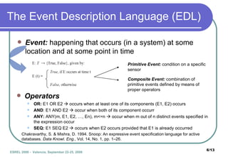 The Event Description Language (EDL) Event:  happening that occurs (in a system) at some location and at some point in time Primitive Event:  condition on a specific sensor Composite Event:  combination of primitive events defined by means of proper operators Chakravarthy, S. & Mishra, D. 1994. Snoop: An expressive event specification language for active databases.  Data Knowl. Eng. , Vol. 14, No. 1, pp. 1–26. Operators OR:  E1 OR E2    occurs when at least one of its components (E1, E2) occurs AND : E1 AND E2    occur when both of its component occurr ANY:  ANY(m, E1, E2, …, En), m<=n    occur when m out of n distinct events specified in the expression occur SEQ:  E1 SEQ E2    occurs when E2 occurs provided that E1 is already occurred 