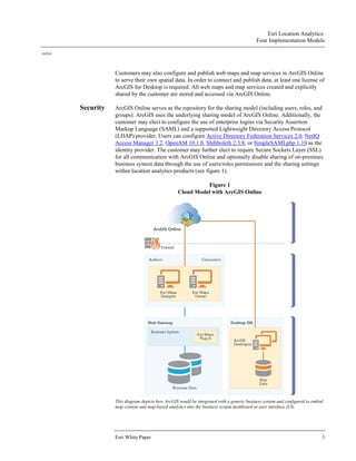 Esri Location Analytics:
Four Implementation Models
J10243
Esri White Paper 3
Customers may also configure and publish web maps and map services in ArcGIS Online
to serve their own spatial data. In order to connect and publish data, at least one license of
ArcGIS for Desktop is required. All web maps and map services created and explicitly
shared by the customer are stored and accessed via ArcGIS Online.
Security ArcGIS Online serves as the repository for the sharing model (including users, roles, and
groups). ArcGIS uses the underlying sharing model of ArcGIS Online. Additionally, the
customer may elect to configure the use of enterprise logins via Security Assertion
Markup Language (SAML) and a supported Lightweight Directory Access Protocol
(LDAP) provider. Users can configure Active Directory Federation Services 2.0, NetIQ
Access Manager 3.2, OpenAM 10.1.0, Shibboleth 2.3.8, or SimpleSAMLphp 1.10 as the
identity provider. The customer may further elect to require Secure Sockets Layer (SSL)
for all communication with ArcGIS Online and optionally disable sharing of on-premises
business system data through the use of users/roles permissions and the sharing settings
within location analytics products (see figure 1).
Figure 1
Cloud Model with ArcGIS Online
This diagram depicts how ArcGIS would be integrated with a generic business system and configured to embed
map content and map-based analytics into the business system dashboard or user interface (UI).
 