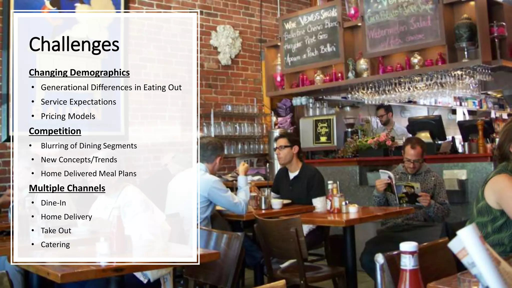 Challenges
Changing Demographics
• Generational Differences in Eating Out
• Service Expectations
• Pricing Models
Competition
• Blurring of Dining Segments
• New Concepts/Trends
• Home Delivered Meal Plans
Multiple Channels
• Dine-In
• Home Delivery
• Take Out
• Catering
 