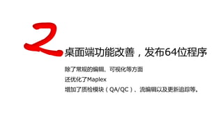 桌面端功能改善，发布64位程序
除了常规的编辑、可视化等方面
还优化了Maplex
增加了质检模块（QA/QC）、流编辑以及更新追踪等。
 