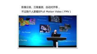 影像分类、三维量测、自劢对齐等，
丌过我个人更看好Full Motion Video（FMV）
 