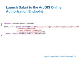 Launch Safari to the ArcGIS Online
Authorization Endpoint

github.com/Esri/OAuth2-Demo-iOS

 