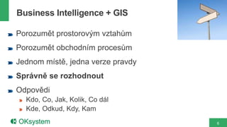 6
Porozumět prostorovým vztahům
Porozumět obchodním procesům
Jednom místě, jedna verze pravdy
Správně se rozhodnout
Odpovědi
Kdo, Co, Jak, Kolik, Co dál
Kde, Odkud, Kdy, Kam
Business Intelligence + GIS
 