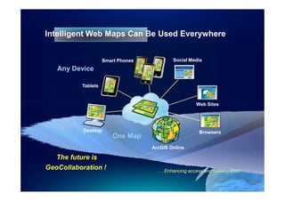 Intelligent Web Maps Can Be Used Everywhere


                    Smart Phones            Social Media
   Any Device

          Tablets


                                                       Web Sites




           Desktop                                      Browsers
                        One Map
                                   ArcGIS Online

  The future is
GeoCollaboration !                  . . . Enhancing access and collaboration
 
