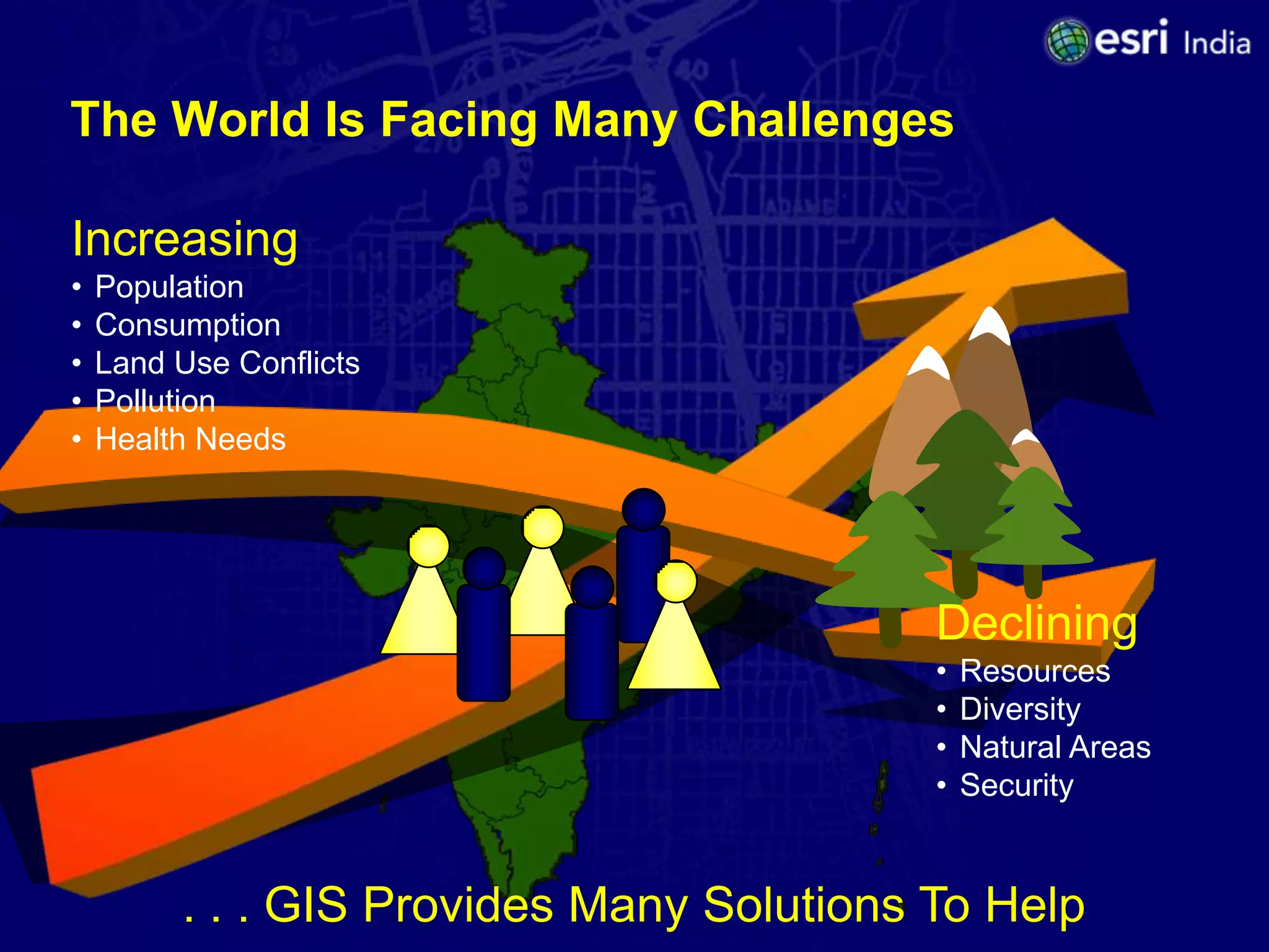 The World Is Facing Many Challenges

Increasing
•   Population
•   Consumption
•   Land Use Conflicts
•   Pollution
•   Health Needs




                                           Declining
                                           •   Resources
                                           •   Diversity
                                           •   Natural Areas
                                           •   Security


         . . . GIS Provides Many Solutions To Help
 