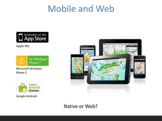 Mobile and Web


Apple iOS




Microsoft Windows
Phone 7




Google Android


                       Native or Web?
 