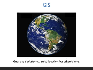 GIS




Geospatial platform… solve location-based problems.
 