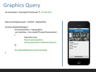 Graphics Query
var pizzaLayer= map.layers["pizzaLayer"]; // stay local



dojo.connect(pizzaLayer, "onClick", displayInfo);

function displayInfo(args) {
           var pizzaLocation = args.graphic;
            var newView = Ext.create('PF.view.PizzaLocation',
           {
                       fullscreen:true,
                       feature:pizzaLocation,
                       title:pizzaLocation.attributes['Name']
           });

           this.defaultMapView.push(newView);
}
 