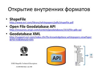 Разработка открытых стандартов
ESRI разработан стандарт GeoServices REST API и утвержден как кандидат
Open Geospatial Consortium
http://www.esri.com/industries/landing-pages/geoservices/geoservices
 