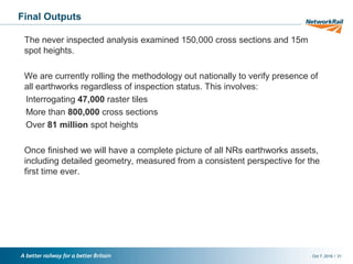 /Oct 7, 2016 31
Final Outputs
The never inspected analysis examined 150,000 cross sections and 15m
spot heights.
We are currently rolling the methodology out nationally to verify presence of
all earthworks regardless of inspection status. This involves:
•Interrogating 47,000 raster tiles
•More than 800,000 cross sections
•Over 81 million spot heights
Once finished we will have a complete picture of all NRs earthworks assets,
including detailed geometry, measured from a consistent perspective for the
first time ever.
 