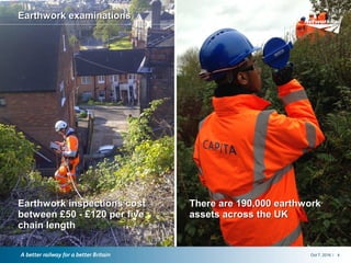 /Oct 7, 2016 4
Earthwork examinationsEarthwork examinations
Earthwork inspections costEarthwork inspections cost
between £50 - £120 per fivebetween £50 - £120 per five
chain lengthchain length
There are 190,000 earthworkThere are 190,000 earthwork
assets across the UKassets across the UK
 