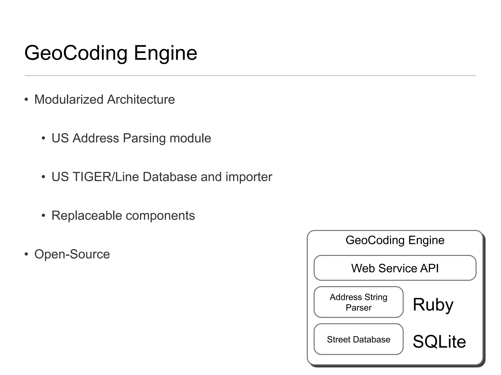 GeoCoding EngineModularized ArchitectureUS Address Parsing moduleUS TIGER/Line Database and importerReplaceable componentsOpen-SourceGeoCoding EngineWeb Service APIAddress String ParserRubyStreet DatabaseSQLite